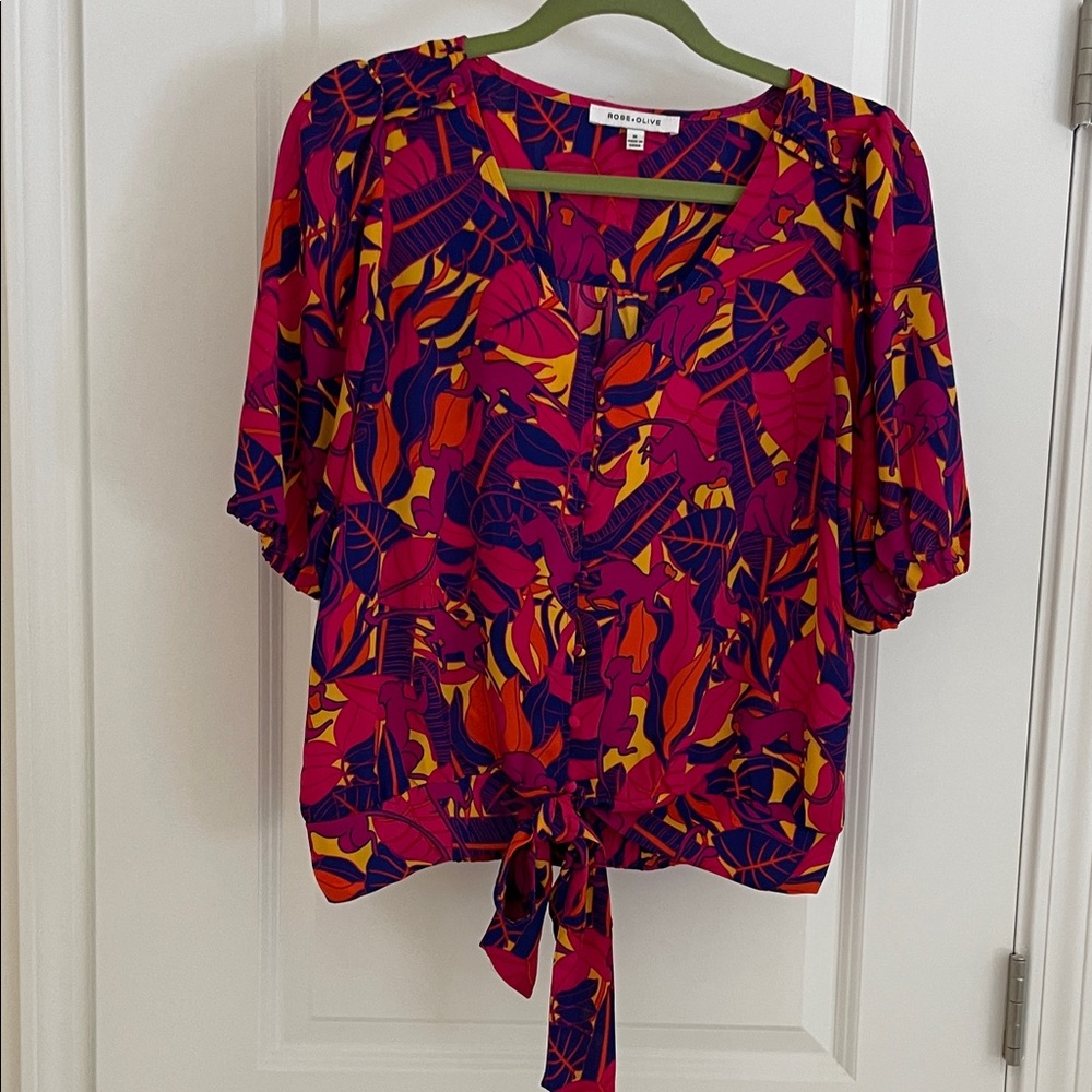 Rose & Olive Magenta Tropical Tie-Front Blouse